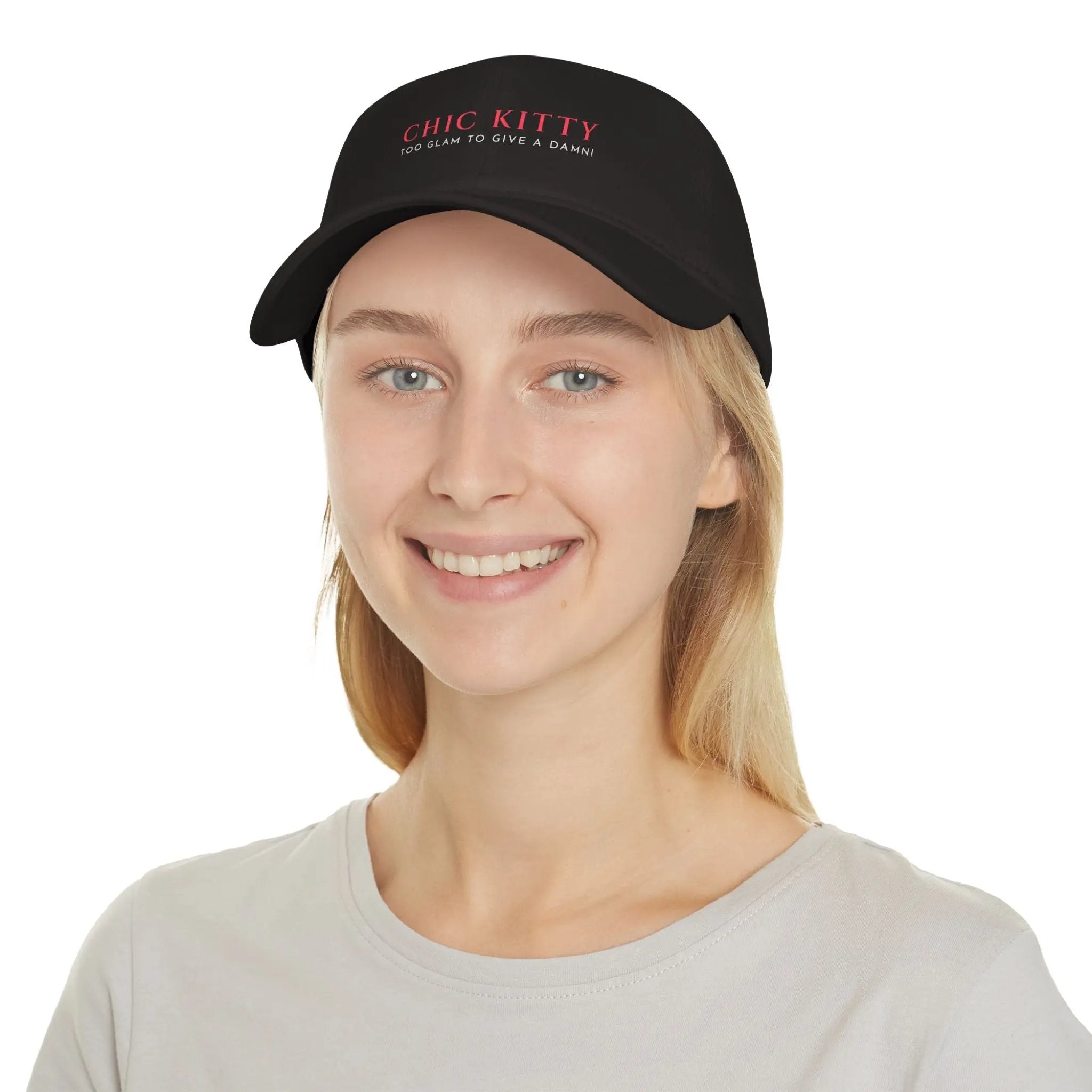 Chic Kitty Low Profile Baseball Cap - "Too Glam to Give a Damn" Printify