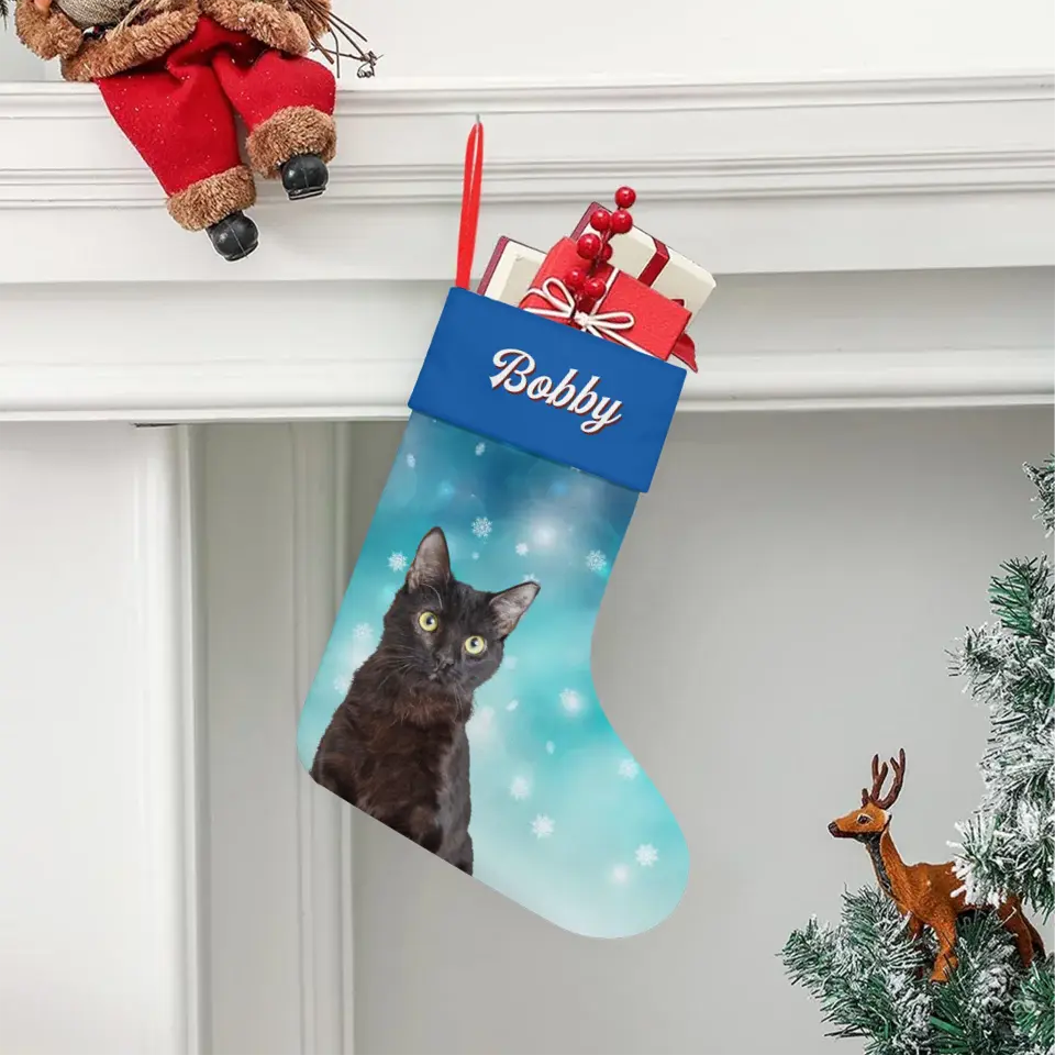 Custom Personalized Cat Photo Christmas Stocking - Holiday Linen Printify