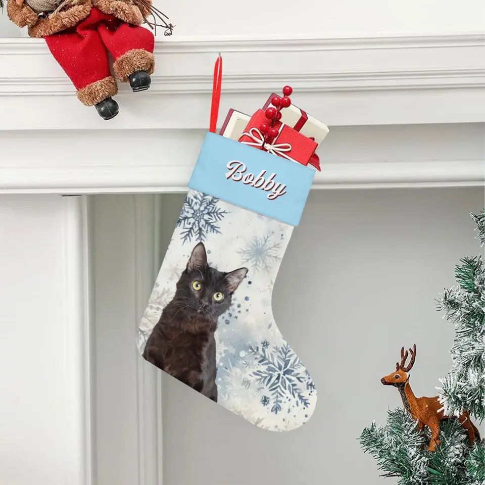 Custom Personalized Cat Photo Christmas Stocking - Holiday Linen Printify