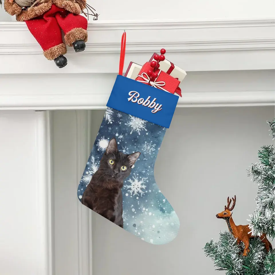 Custom Personalized Cat Photo Christmas Stocking - Holiday Linen Printify