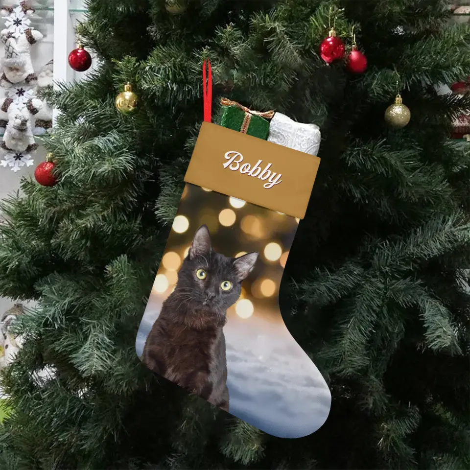 Custom Personalized Cat Photo Christmas Stocking - Holiday Linen Printify