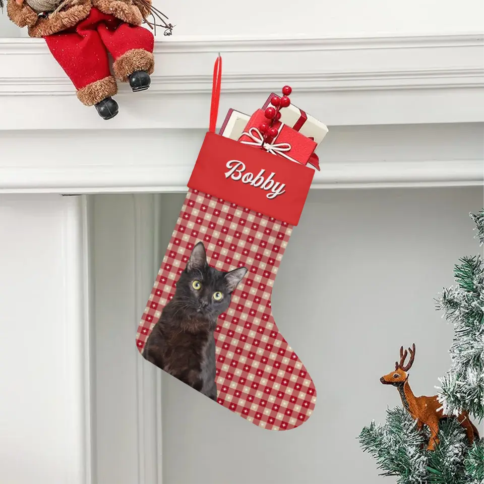 Custom Personalized Cat Photo Christmas Stocking - Holiday Linen Printify