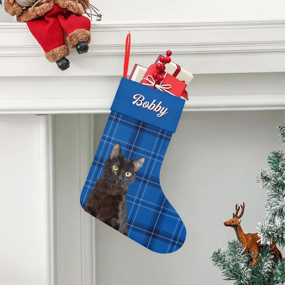 Custom Personalized Cat Photo Christmas Stocking - Holiday Linen Printify