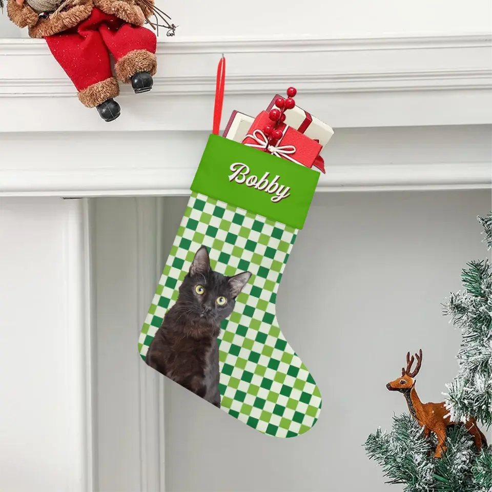Custom Personalized Cat Photo Christmas Stocking - Holiday Linen Printify