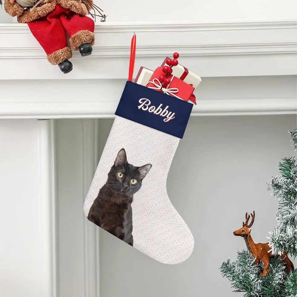 Custom Personalized Cat Photo Christmas Stocking - Holiday Linen Printify