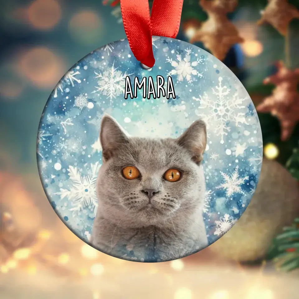 Custom Personalized Cat Photo Christmas  Ornament -Holiday Acrylic Ornament with Ribbon Printify