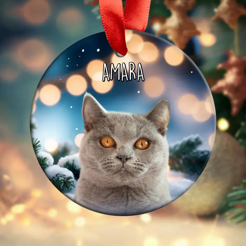Custom Personalized Cat Photo Christmas  Ornament -Holiday Acrylic Ornament with Ribbon Printify
