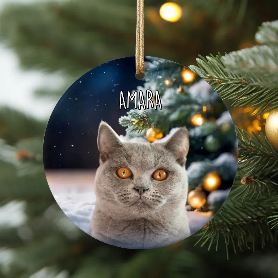 Custom Personalized Cat Photo Christmas Theme Ceramic Ornament - Holiday Pet Printify