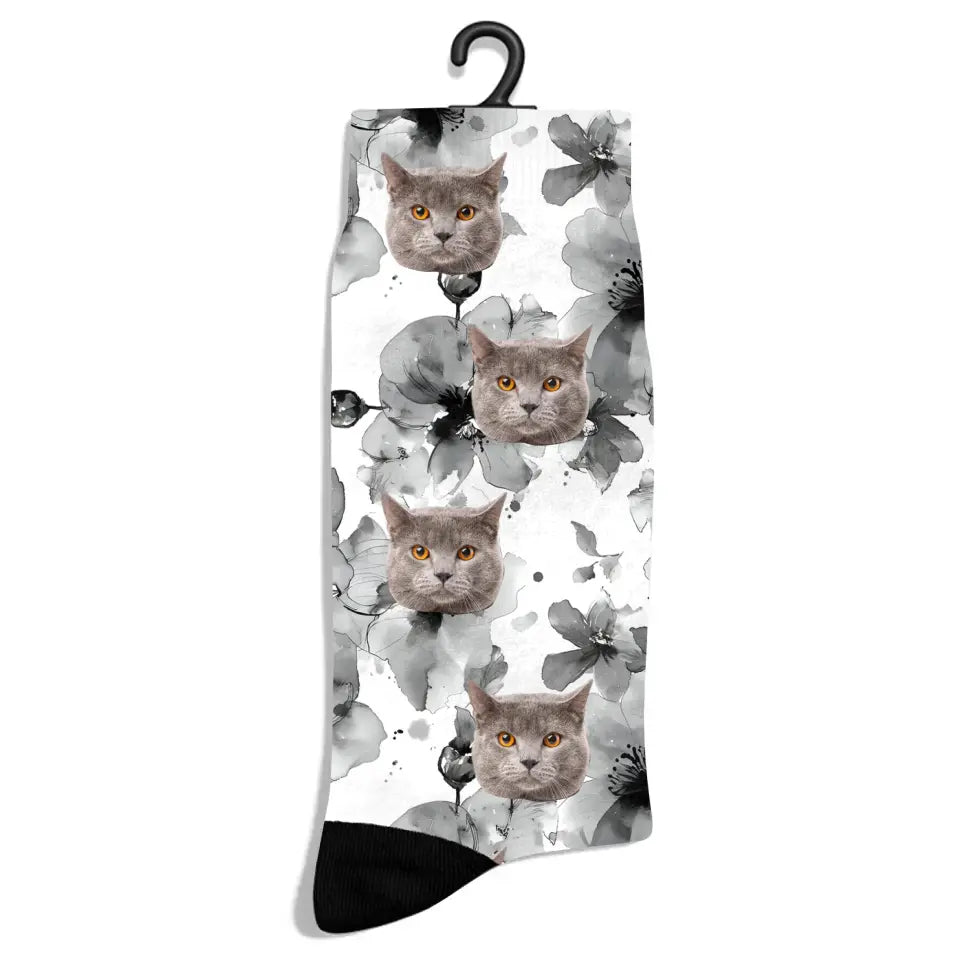 Personalized Flower Ink Pattern Cat Socks Printify