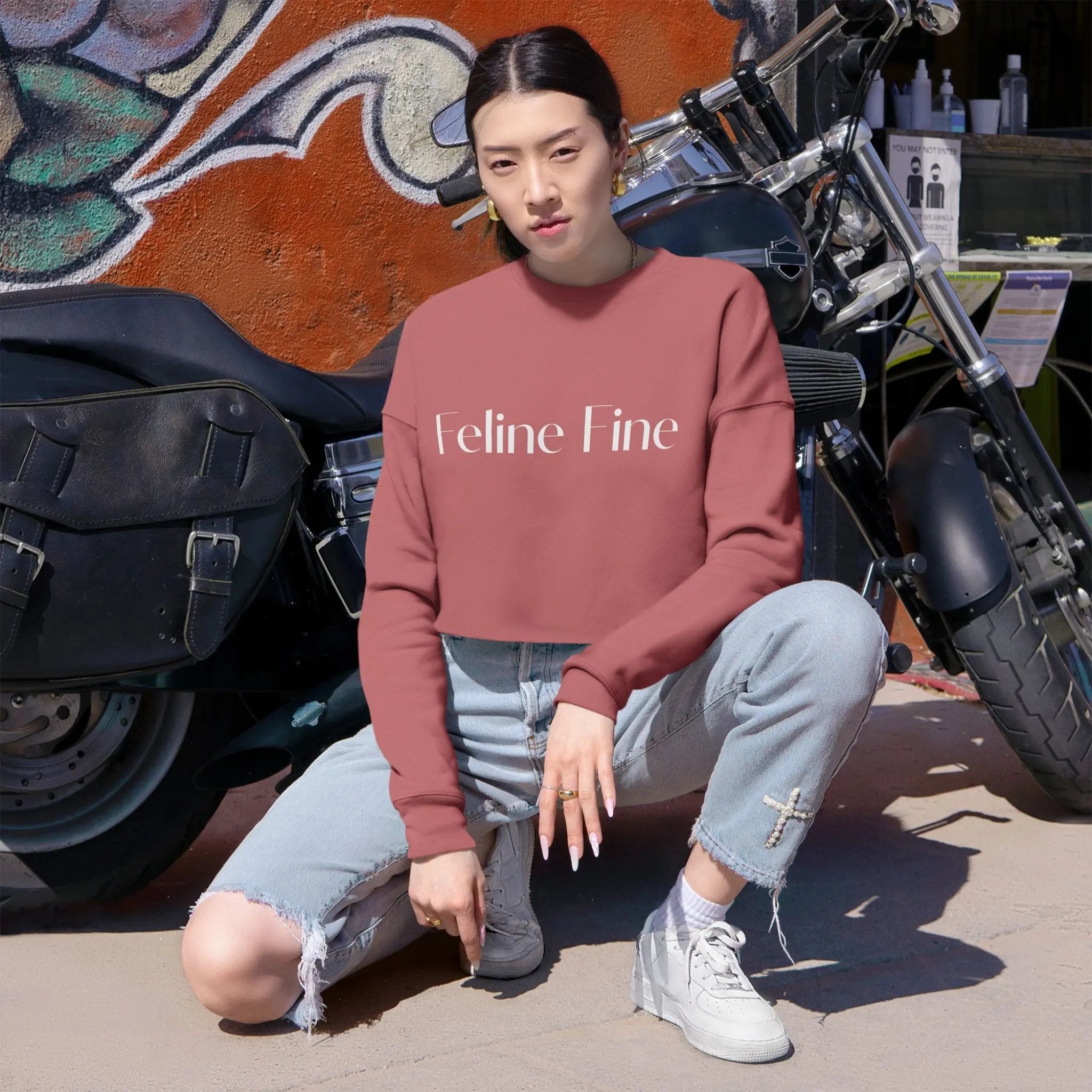 Feline Fine Cropped Sweatshirt for Cat Lovers - Trendy Pink Pullover Printify