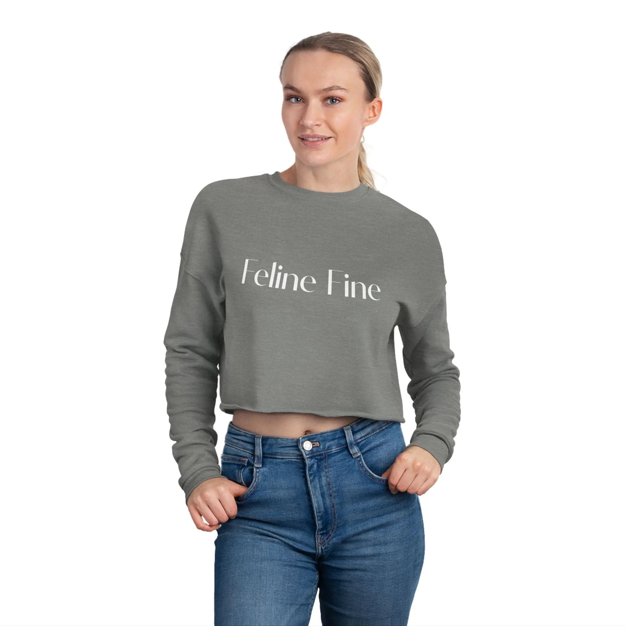 Feline Fine Cropped Sweatshirt for Cat Lovers - Trendy Pink Pullover Printify
