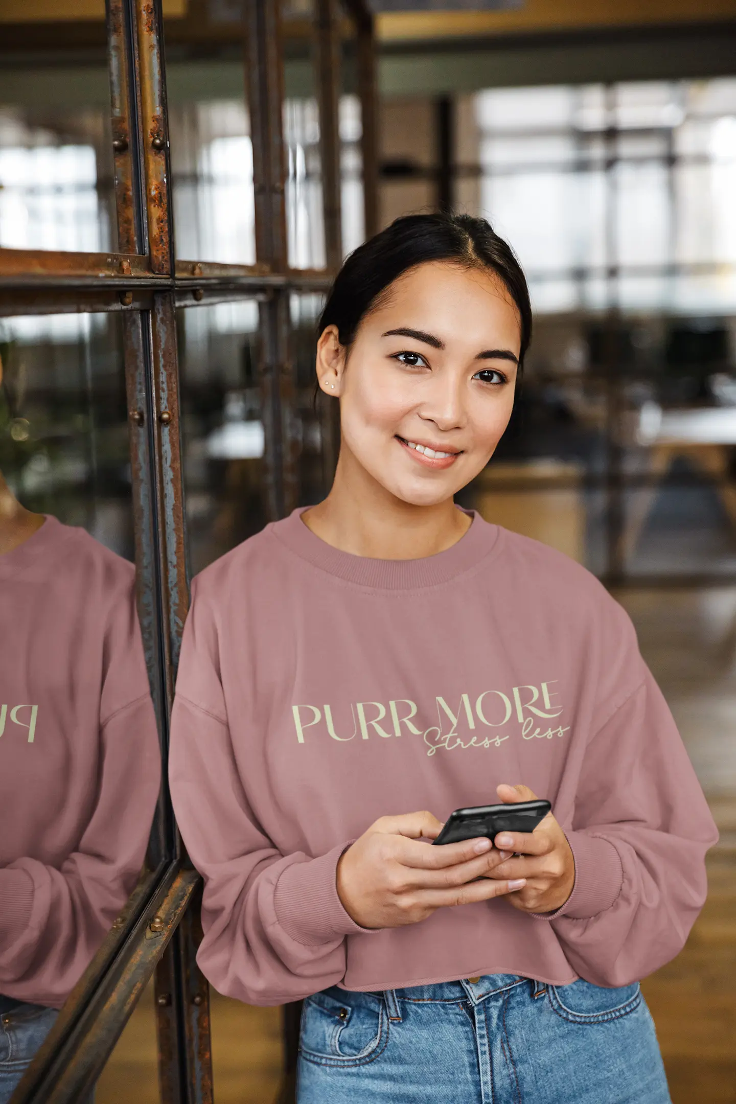 Purr More Cropped Sweatshirt - Relaxed Trendy Apparel for Cat Lovers Printify