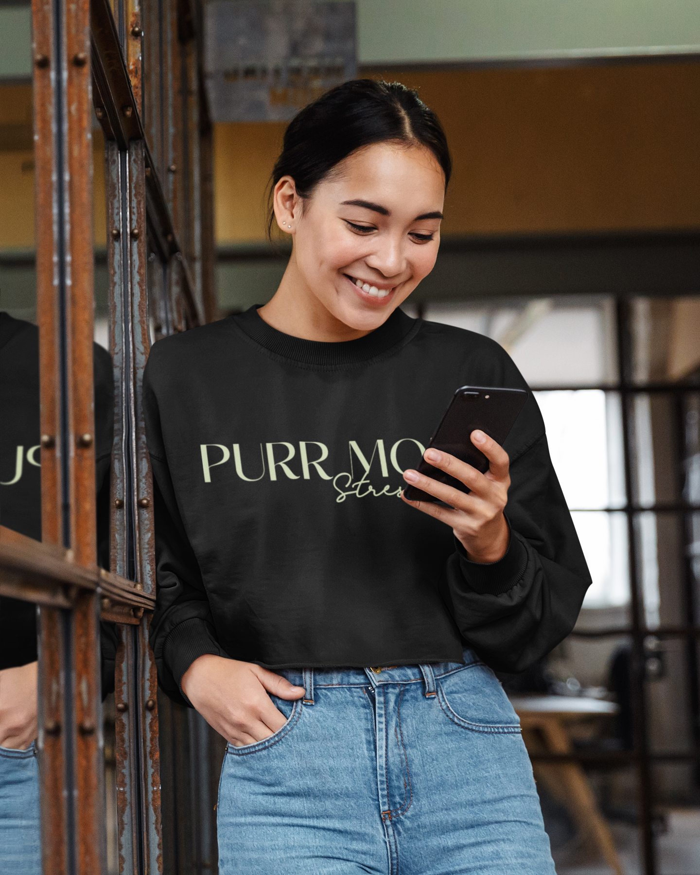 Purr More Cropped Sweatshirt - Relaxed Trendy Apparel for Cat Lovers Printify