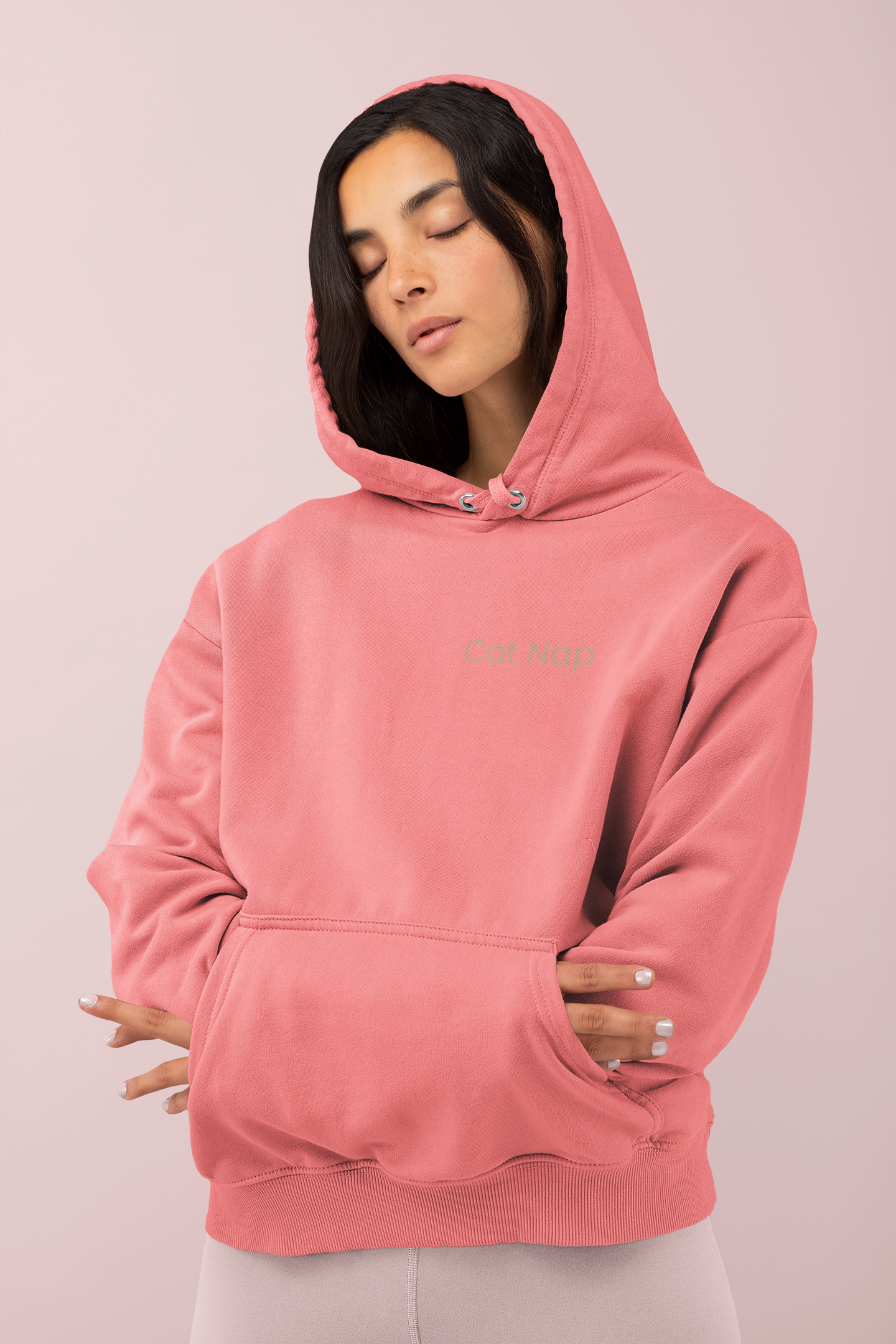 Comfortable Unisex Pigment-Dyed Hoodie with "Cat Nap" Embroidery