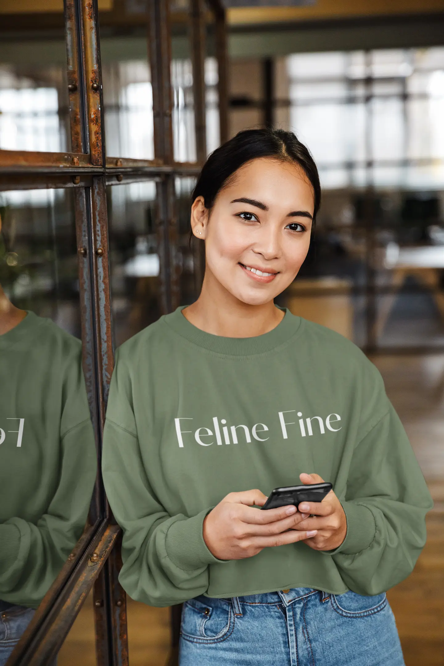 Feline Fine Cropped Sweatshirt for Cat Lovers - Trendy Pink Pullover Printify
