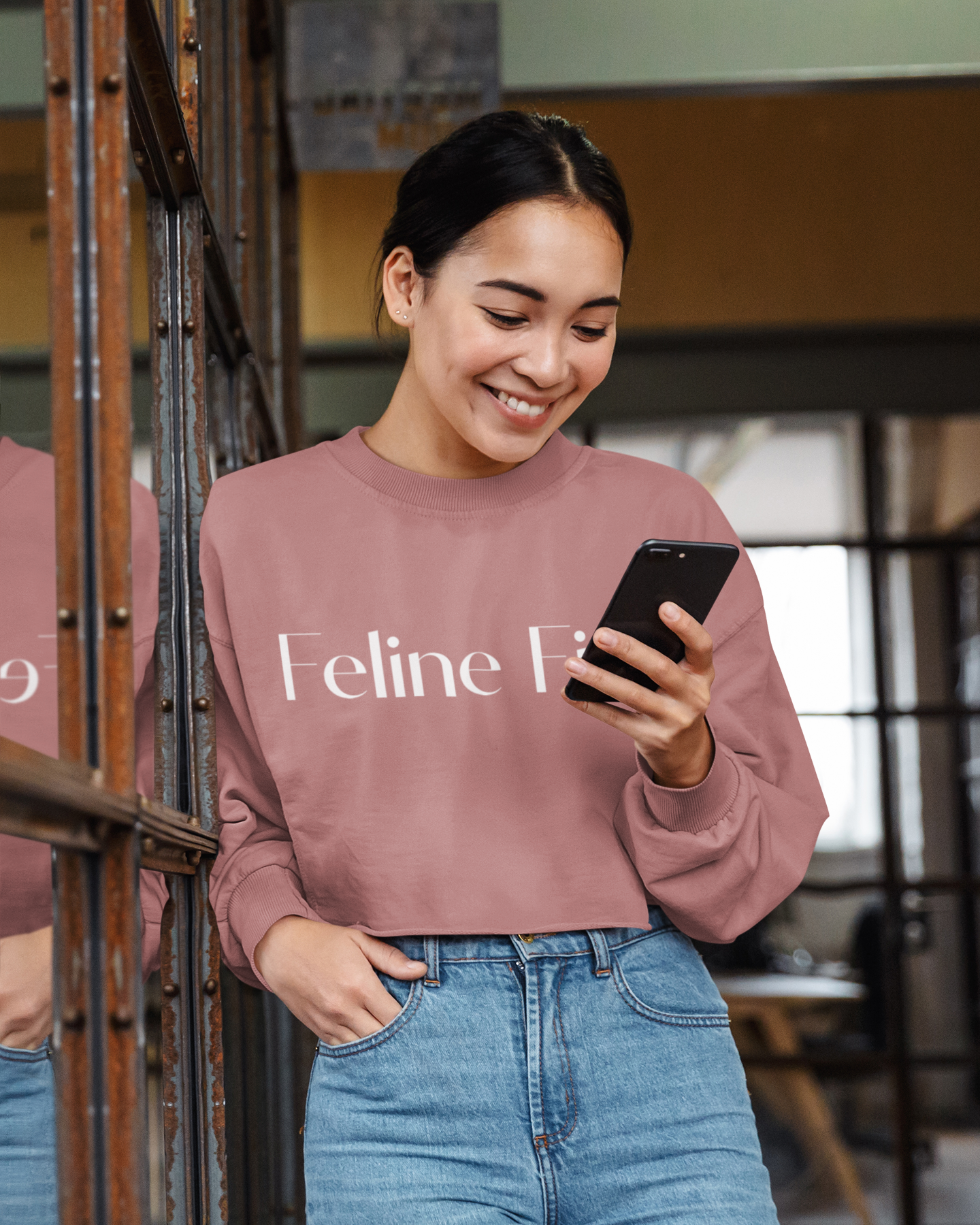 Feline Fine Cropped Sweatshirt for Cat Lovers - Trendy Pink Pullover Printify
