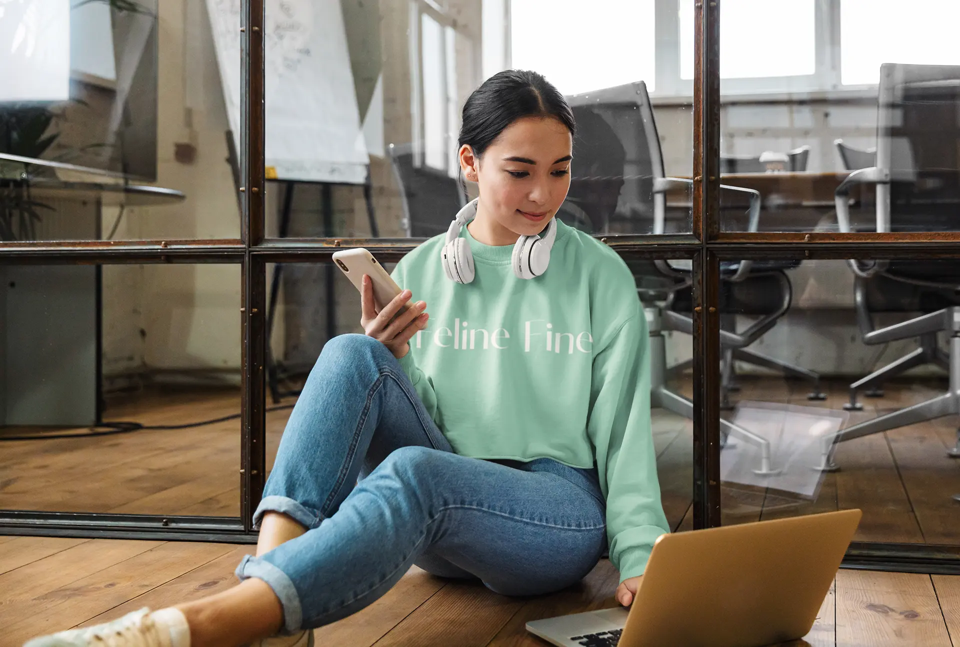 Feline Fine Cropped Sweatshirt for Cat Lovers - Trendy Pink Pullover Printify