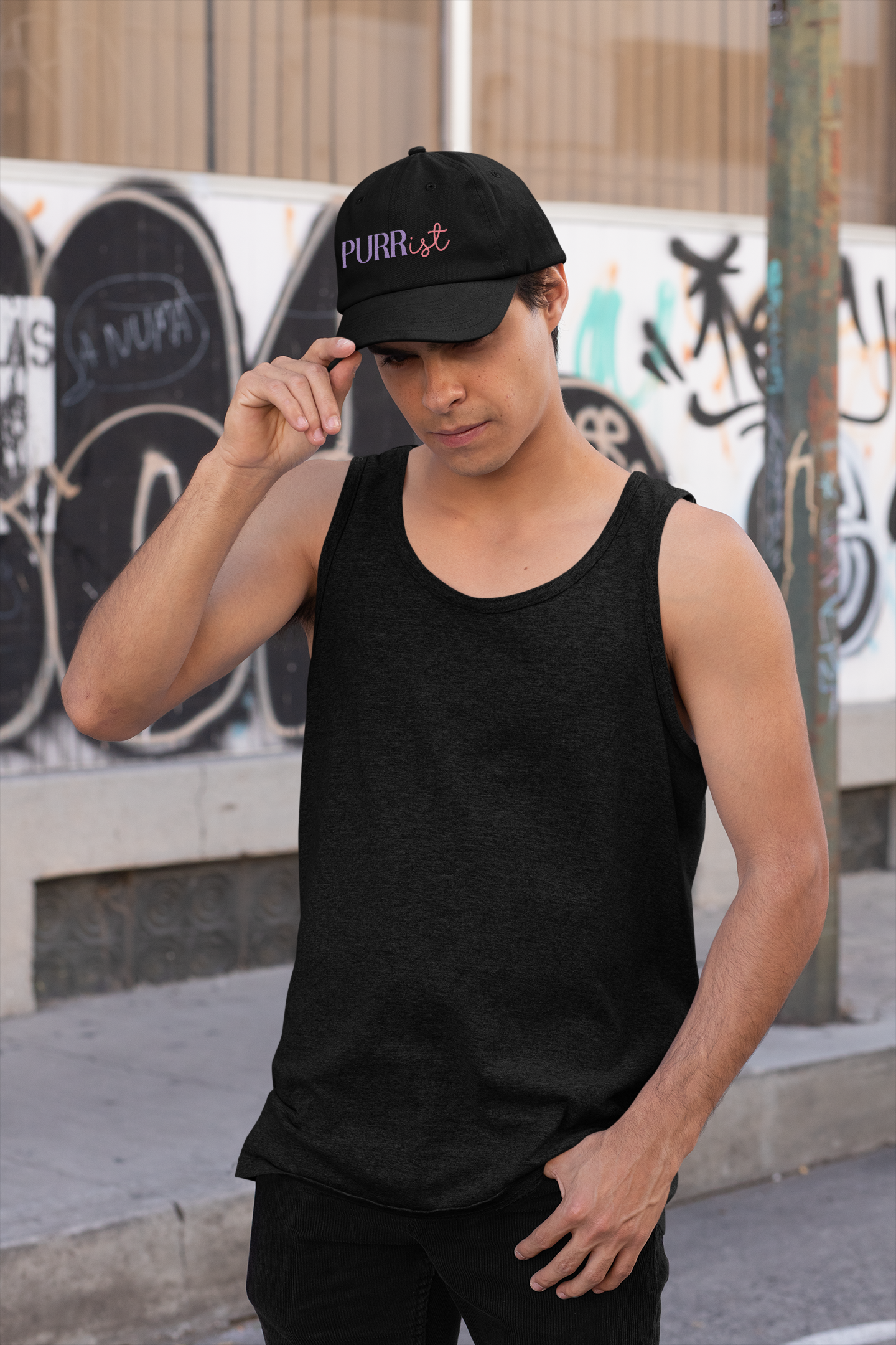 Cute 'PURRist' Low Profile Baseball Cap for Cat Lovers - Adjustable Black Hat