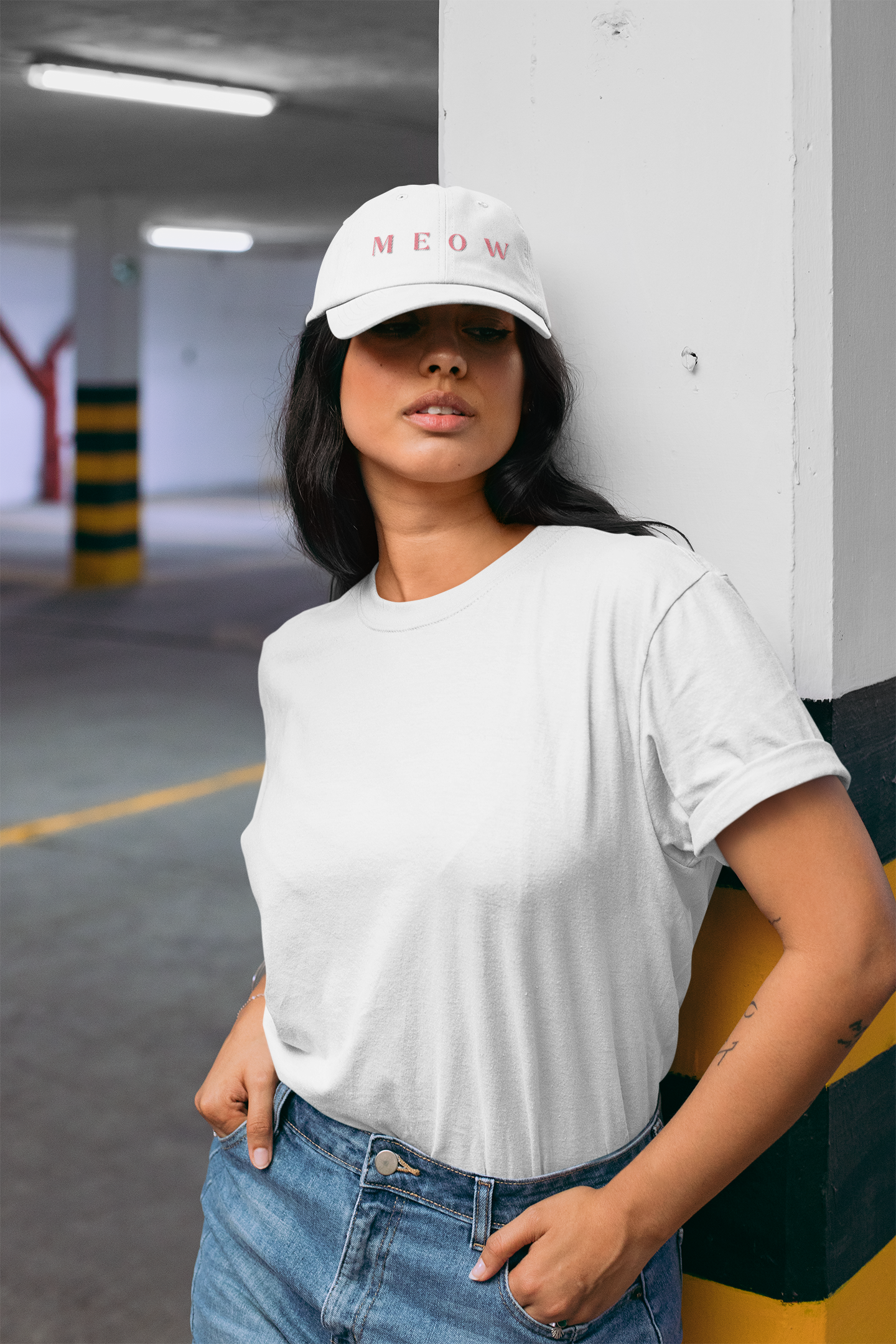 Casual White 'MEOW' Low Profile Baseball Cap – Perfect for Cat Lovers Printify