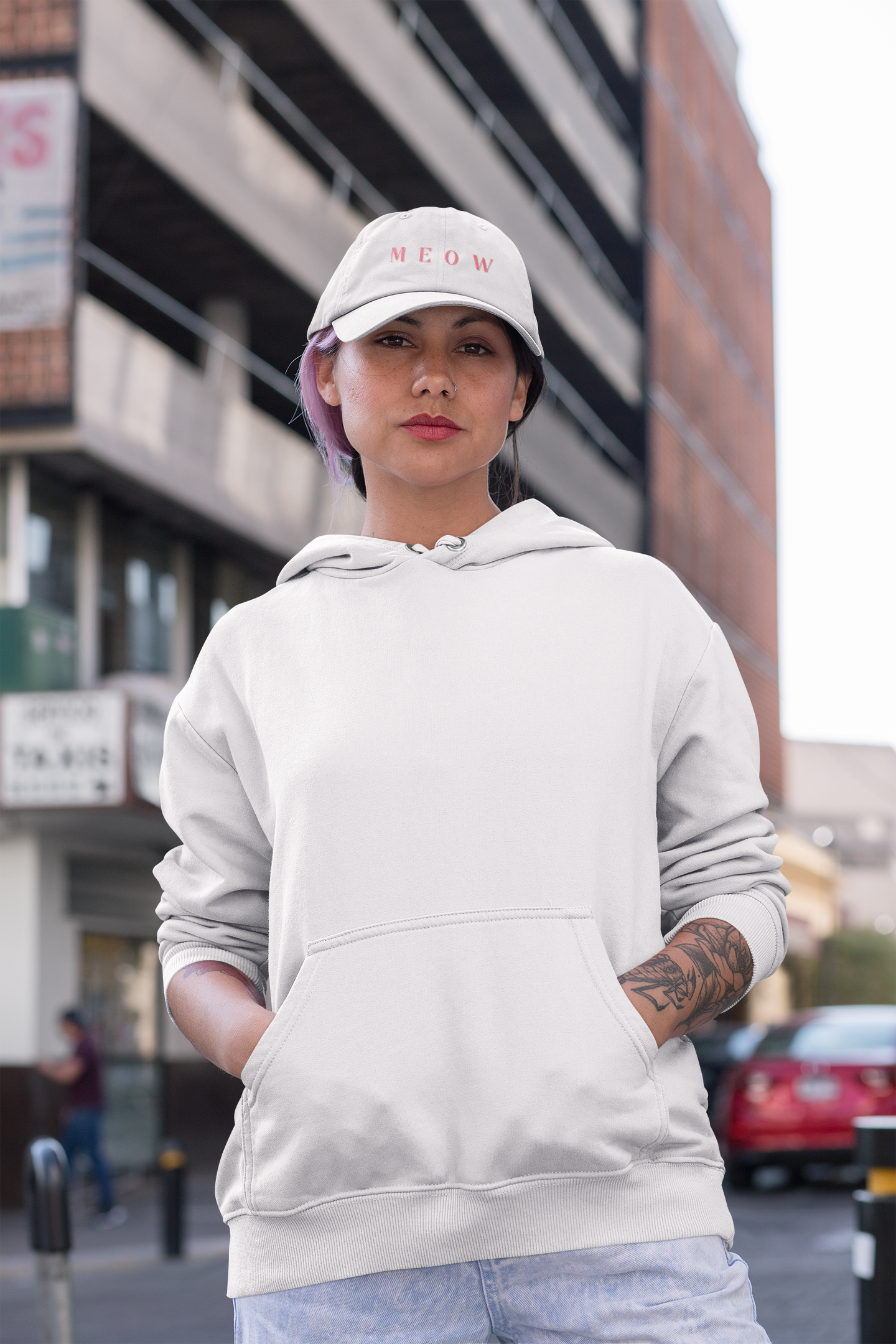 Casual White 'MEOW' Low Profile Baseball Cap – Perfect for Cat Lovers Printify