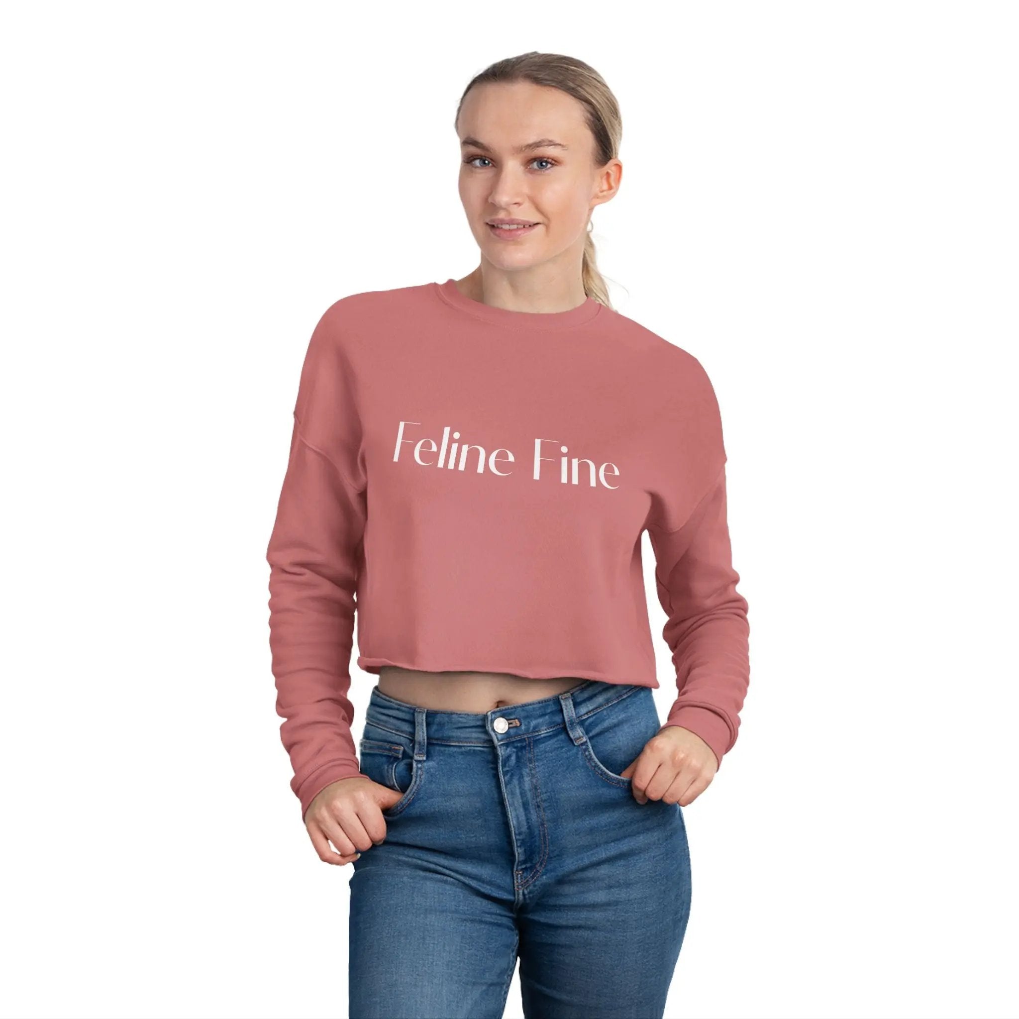 Feline Fine Cropped Sweatshirt for Cat Lovers - Trendy Pink Pullover Printify