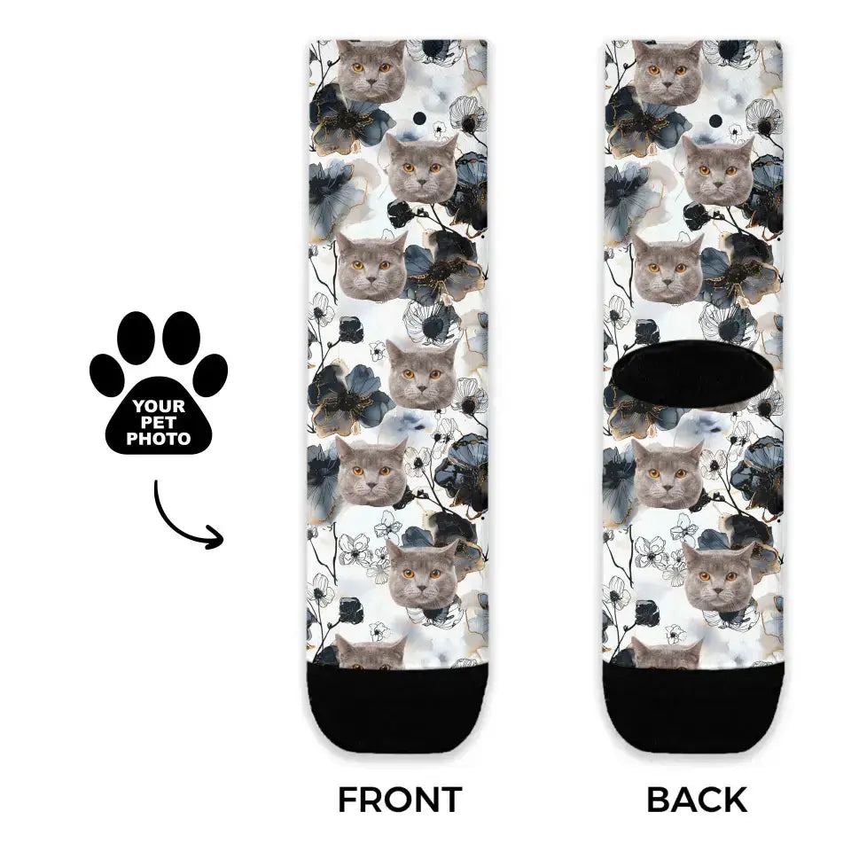 Personalized Flower Ink Pattern Cat Socks Printify