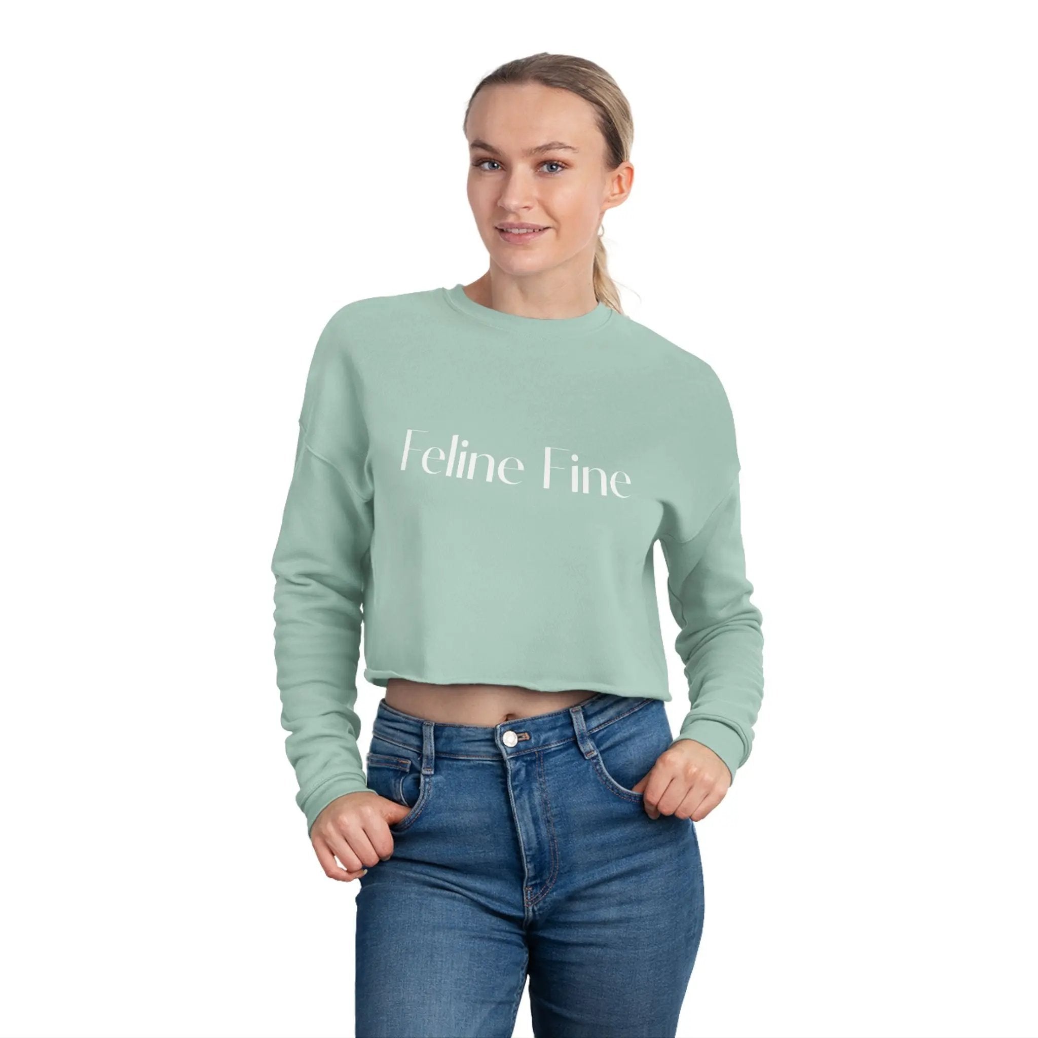 Feline Fine Cropped Sweatshirt for Cat Lovers - Trendy Pink Pullover Printify