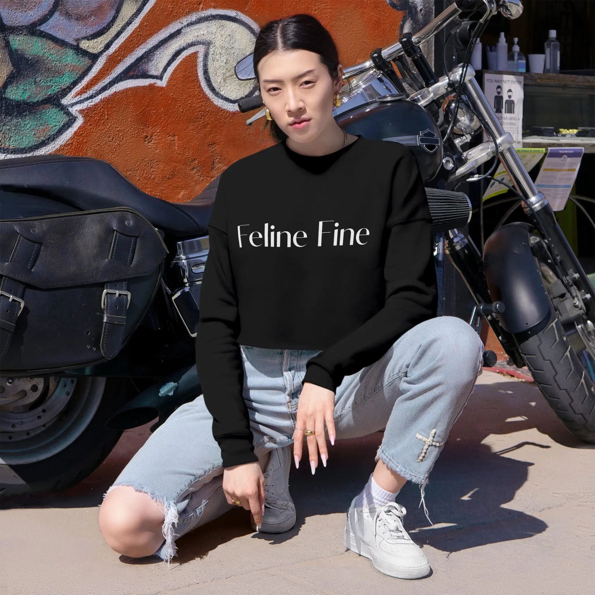 Feline Fine Cropped Sweatshirt for Cat Lovers - Trendy Pink Pullover Printify
