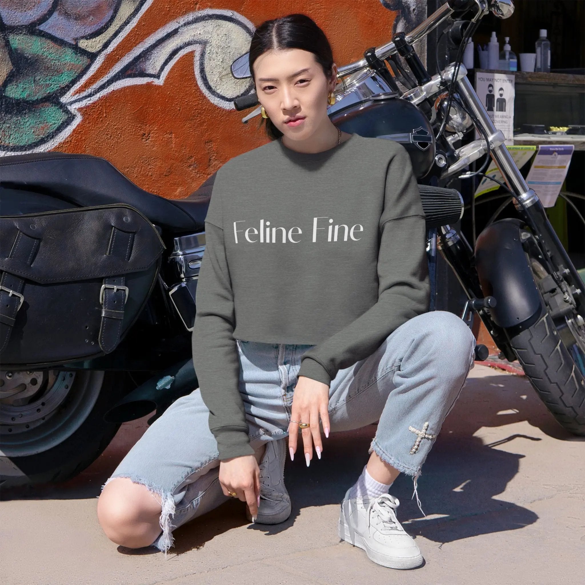 Feline Fine Cropped Sweatshirt for Cat Lovers - Trendy Pink Pullover Printify
