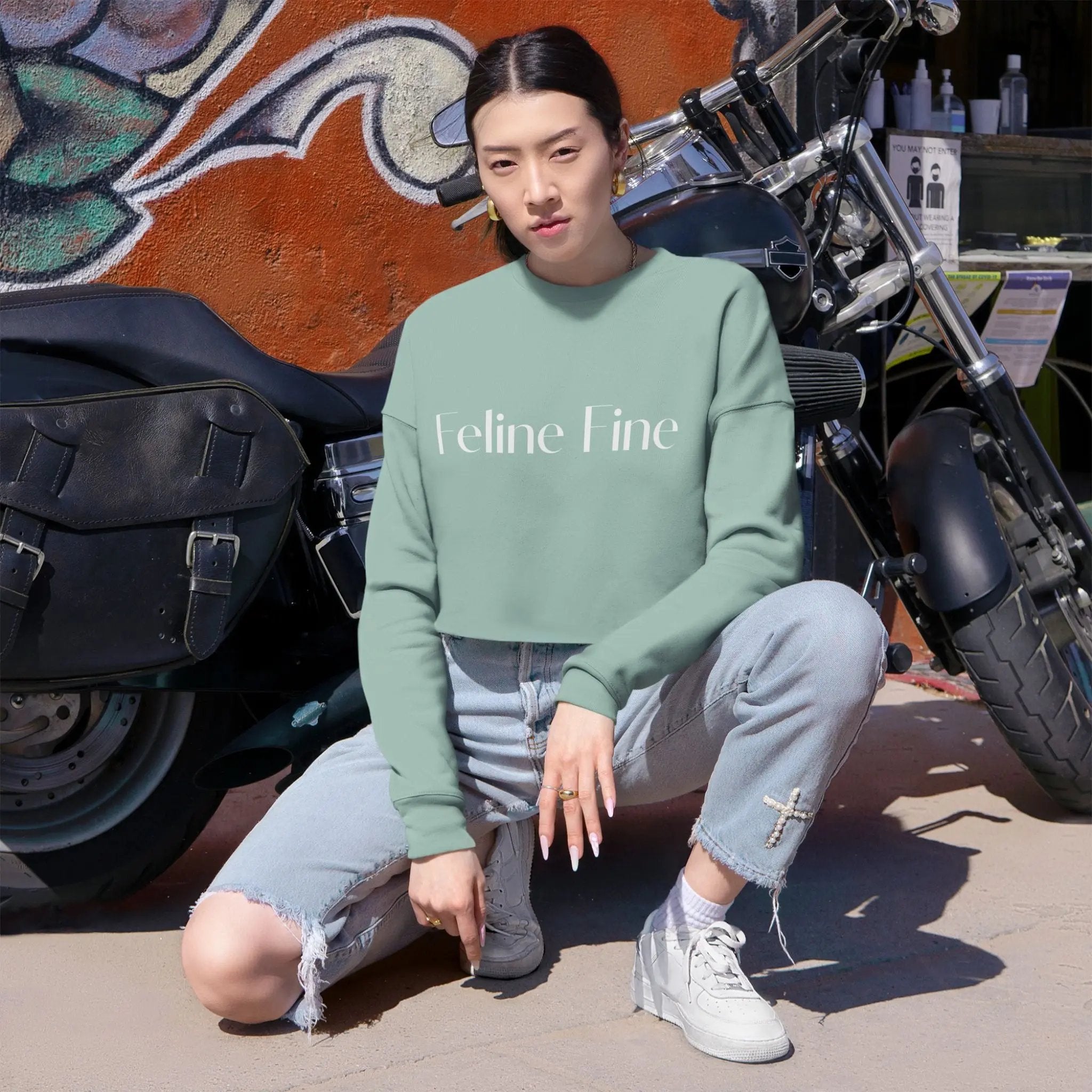 Feline Fine Cropped Sweatshirt for Cat Lovers - Trendy Pink Pullover Printify