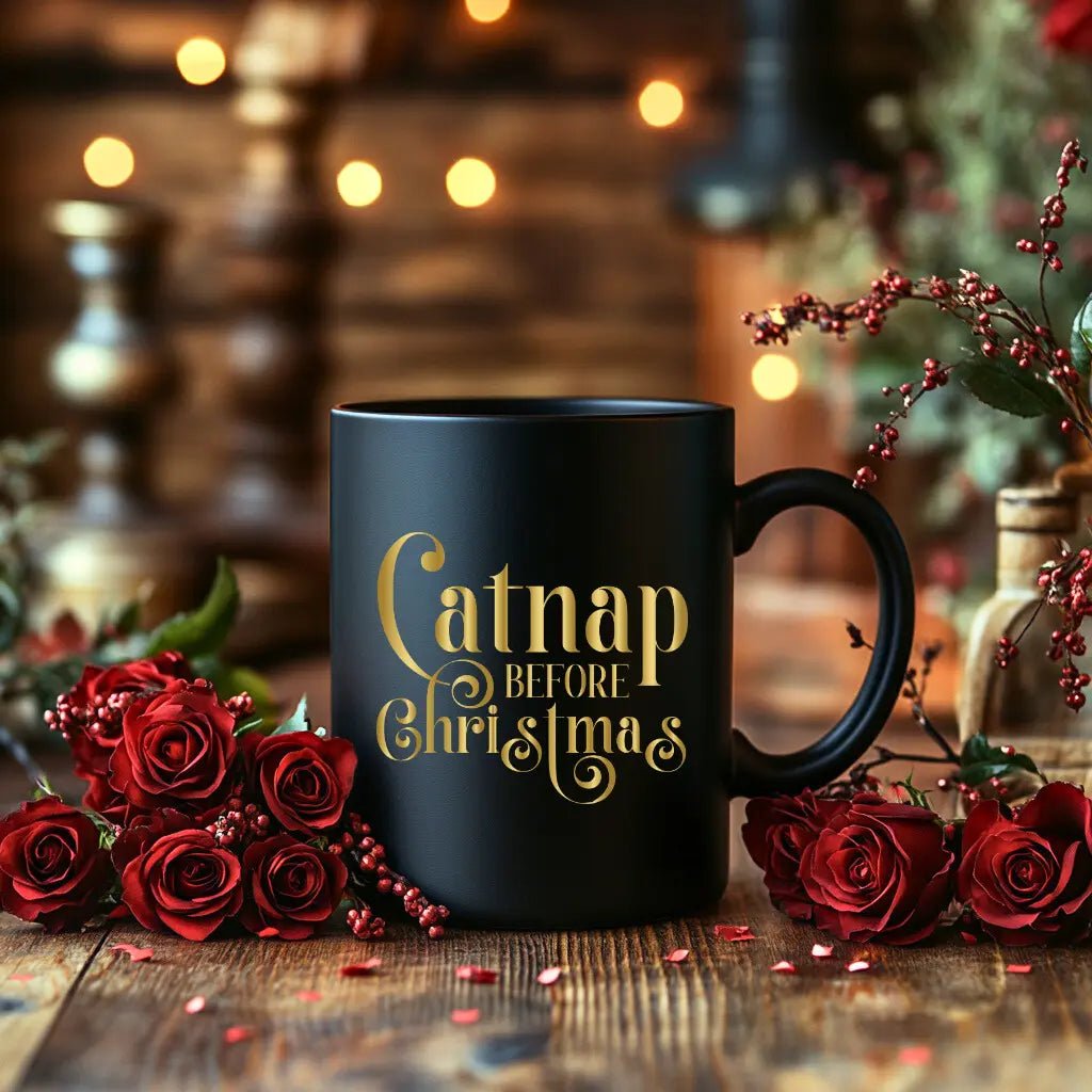 Catnap Before Christmas Black Mug — Festive Gold Holiday Coffee Cup (11oz, 15oz) - Chic Kitty