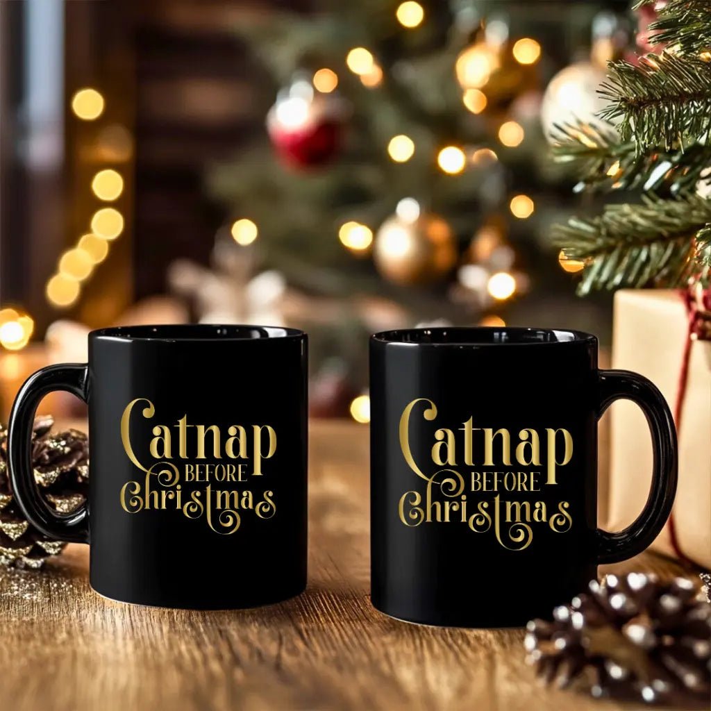 Catnap Before Christmas Black Mug — Festive Gold Holiday Coffee Cup (11oz, 15oz) - Chic Kitty