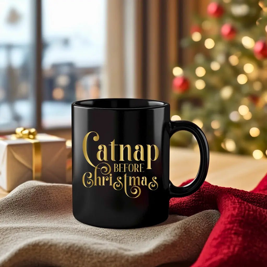 Catnap Before Christmas Black Mug — Festive Gold Holiday Coffee Cup (11oz, 15oz) - Chic Kitty
