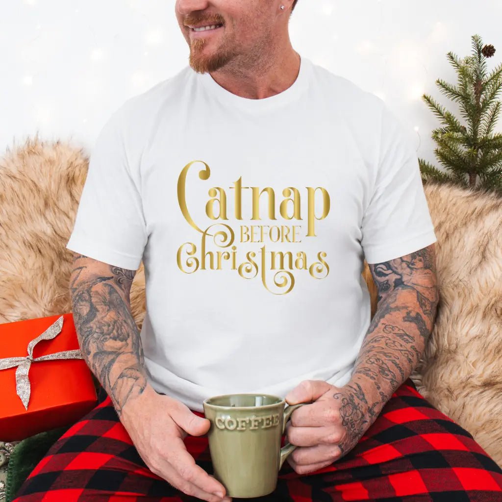Catnap Before Christmas T-Shirt — Festive Gold Script Holiday Tee - Chic Kitty