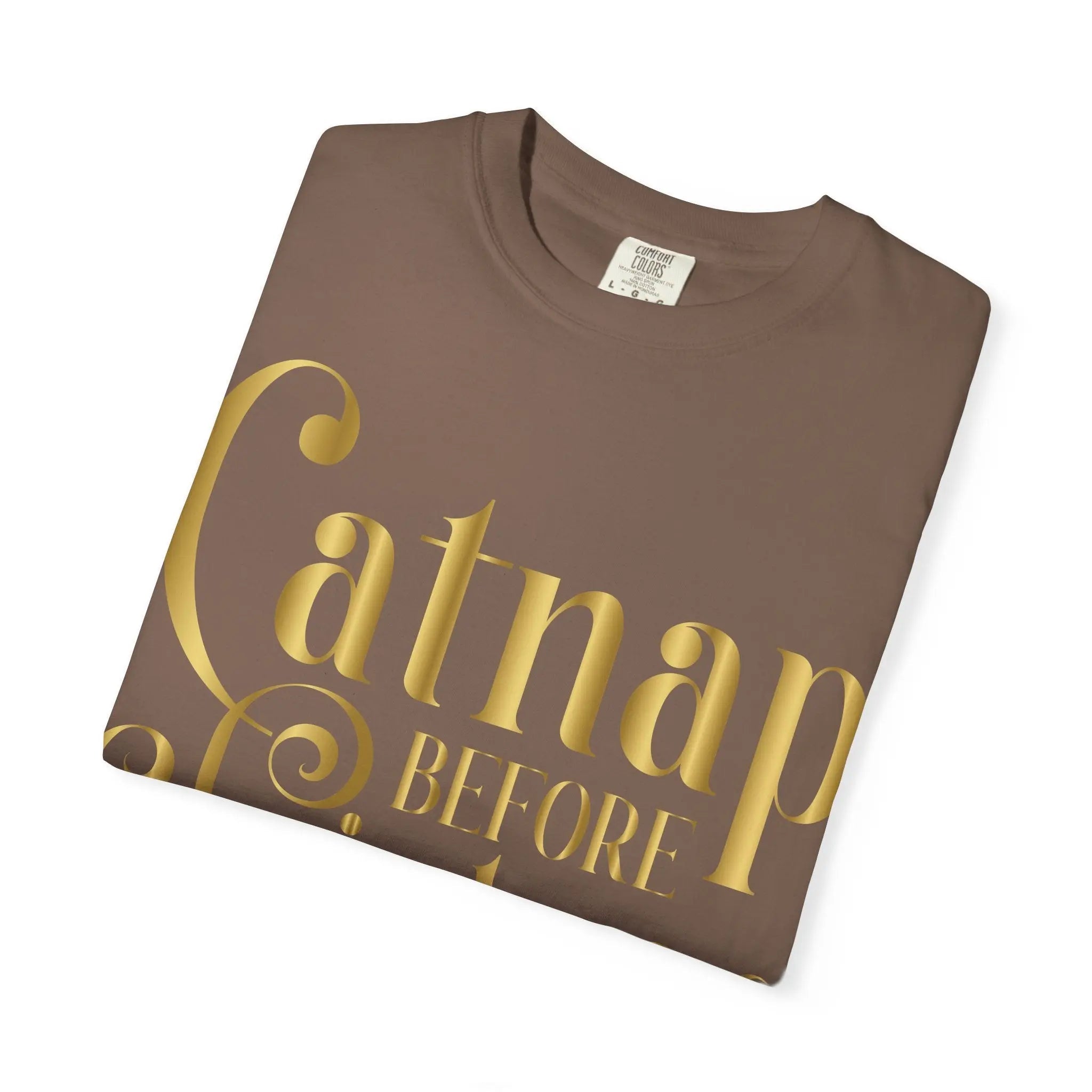 Catnap Before Christmas T-Shirt — Festive Gold Script Holiday Tee - Chic Kitty