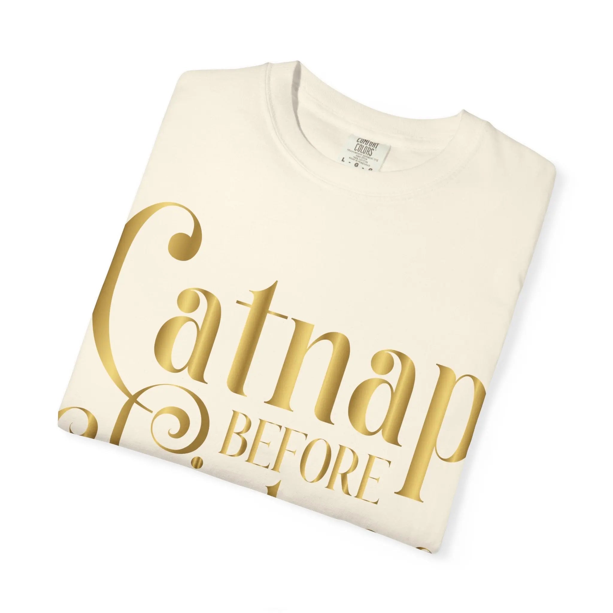 Catnap Before Christmas T-Shirt — Festive Gold Script Holiday Tee - Chic Kitty