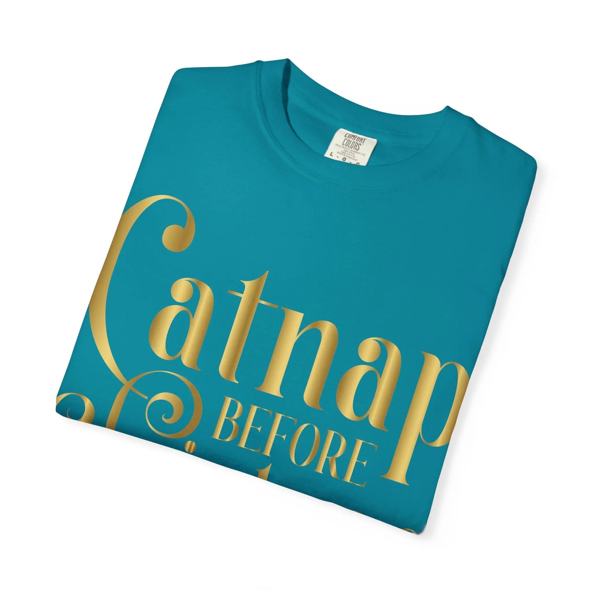 Catnap Before Christmas T-Shirt — Festive Gold Script Holiday Tee - Chic Kitty