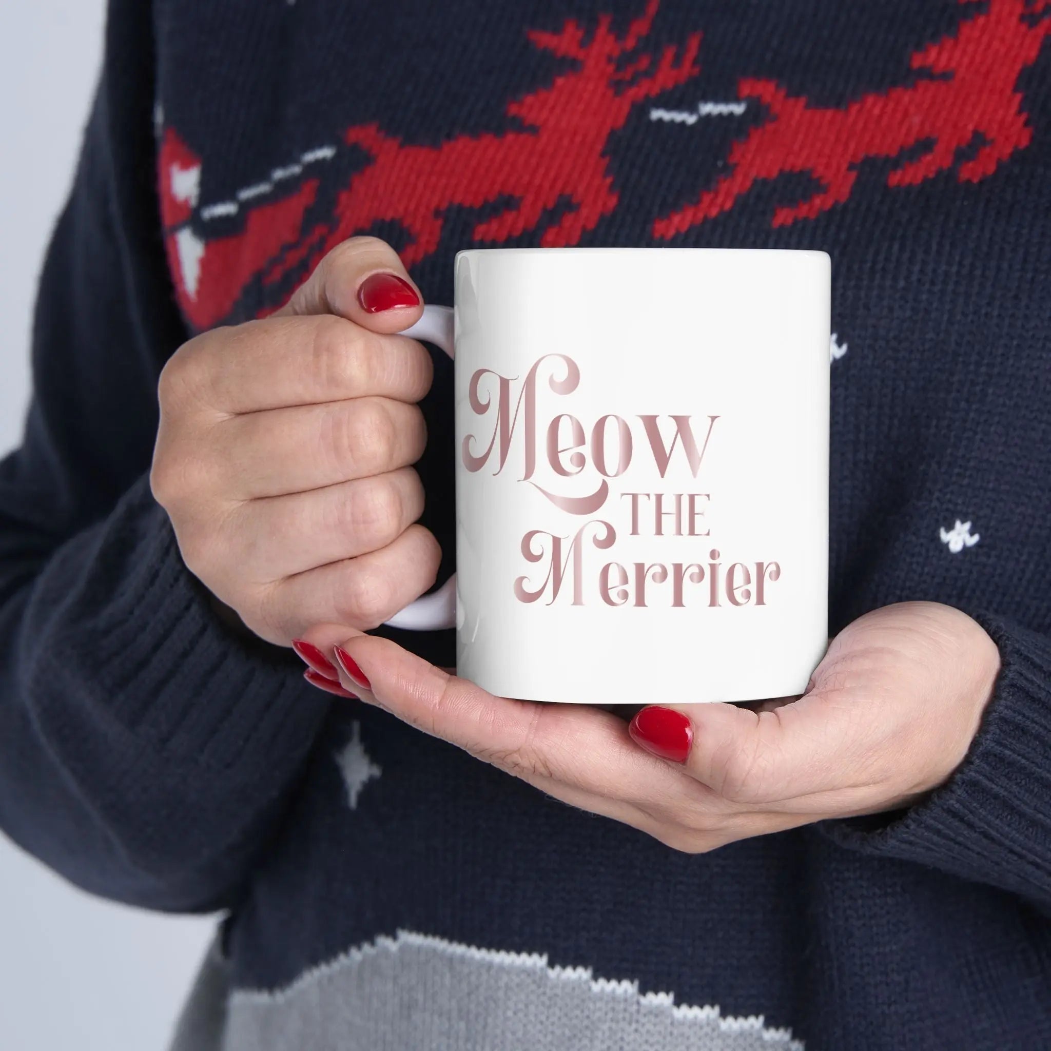 Ceramic Mug — 'Meow the Merrier' Pink Script Coffee Cup - Chic Kitty