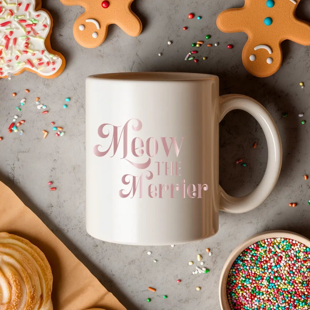Ceramic Mug — 'Meow the Merrier' Pink Script Coffee Cup - Chic Kitty