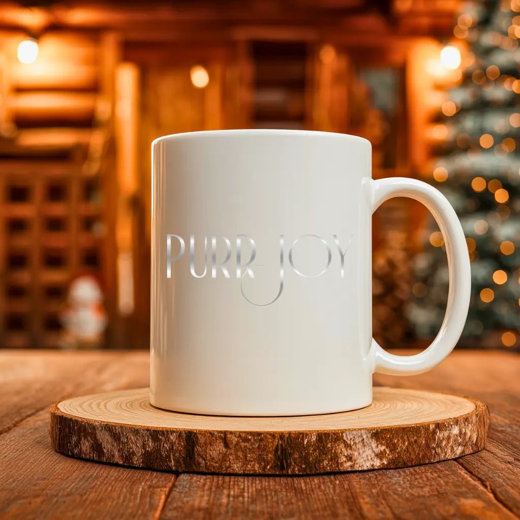 Ceramic Mug - Minimalist 'Purr Joy" Coffee Cup, White 11oz & 15oz - Chic Kitty