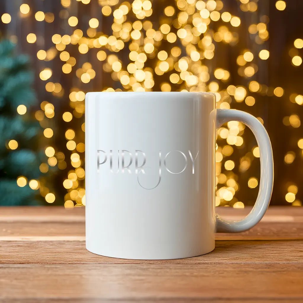 Ceramic Mug - Minimalist 'Purr Joy" Coffee Cup, White 11oz & 15oz - Chic Kitty