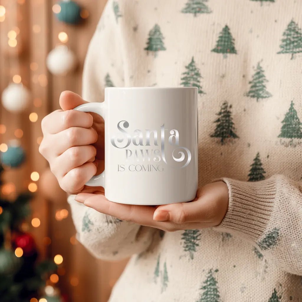 Ceramic Mug — "Santa Paws is Coming" Decorative Coffee Cup, 11oz & 15oz - Chic Kitty