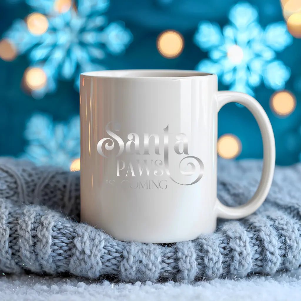 Ceramic Mug — "Santa Paws is Coming" Decorative Coffee Cup, 11oz & 15oz - Chic Kitty