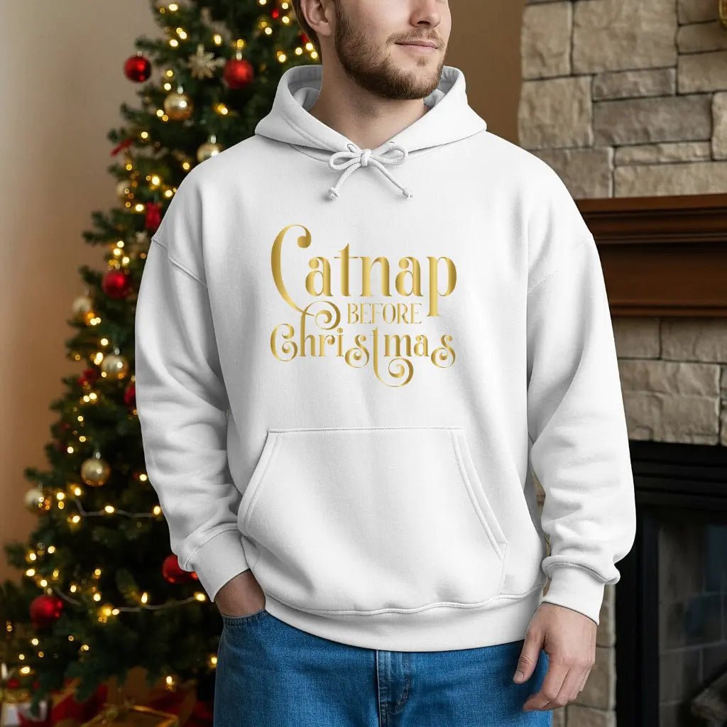 Christmas Hooded Sweatshirt — 'Catnap Before Christmas' Gold Foil Holiday Hoodie - Chic Kitty