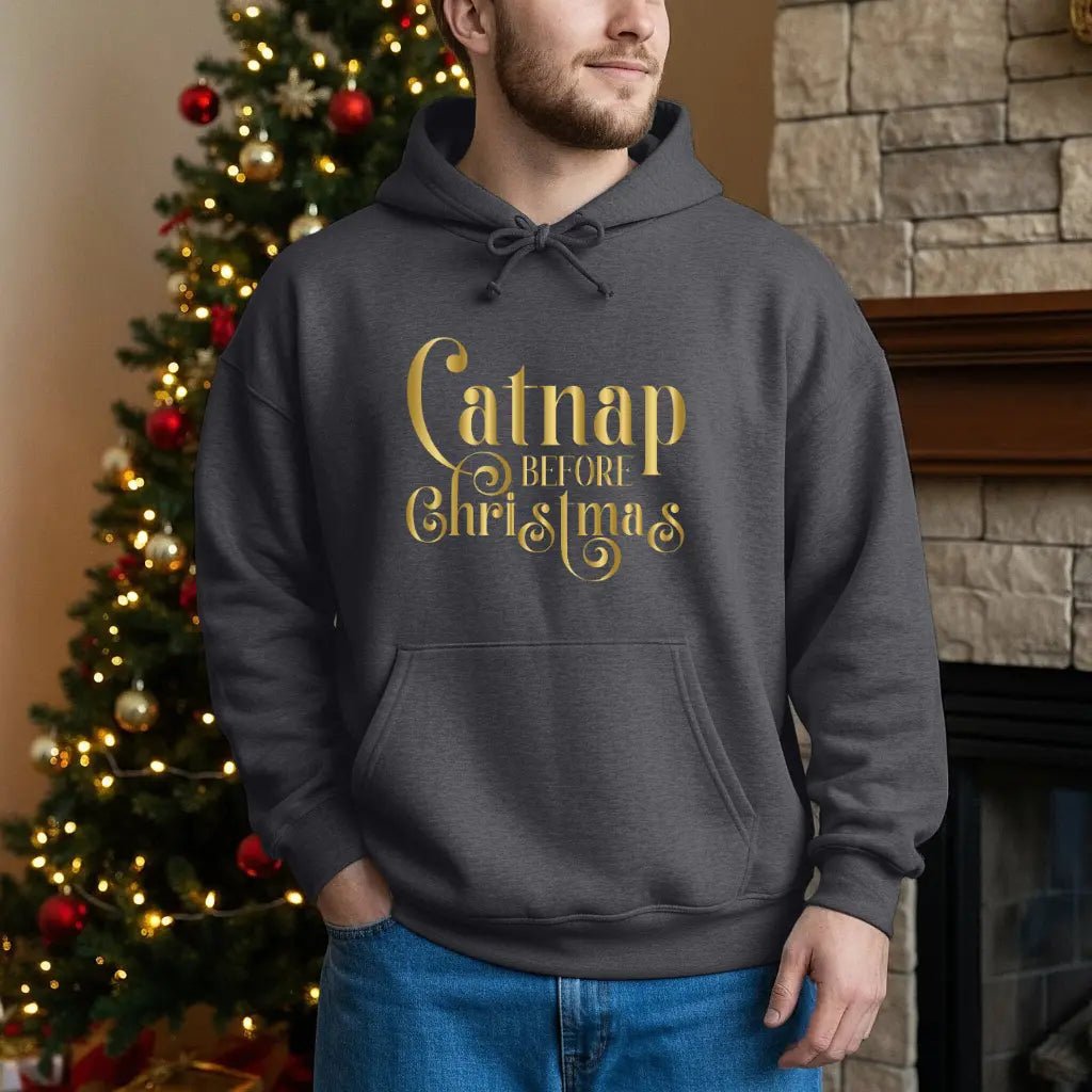 Christmas Hooded Sweatshirt — 'Catnap Before Christmas' Gold Foil Holiday Hoodie - Chic Kitty