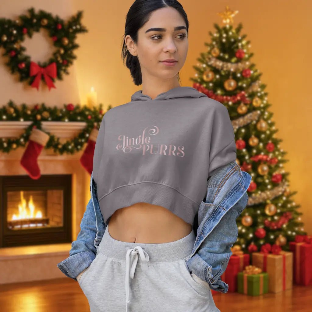 Cropped Hoodie — 'Jingle Purrs' Festive Cat Holiday Sweatshirt - Chic Kitty