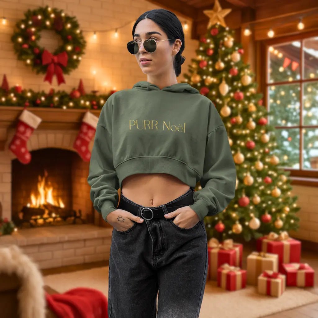 Cropped Hoodie — "Purr Noël" Gold Script Women's Cozy Streetwear - Chic Kitty