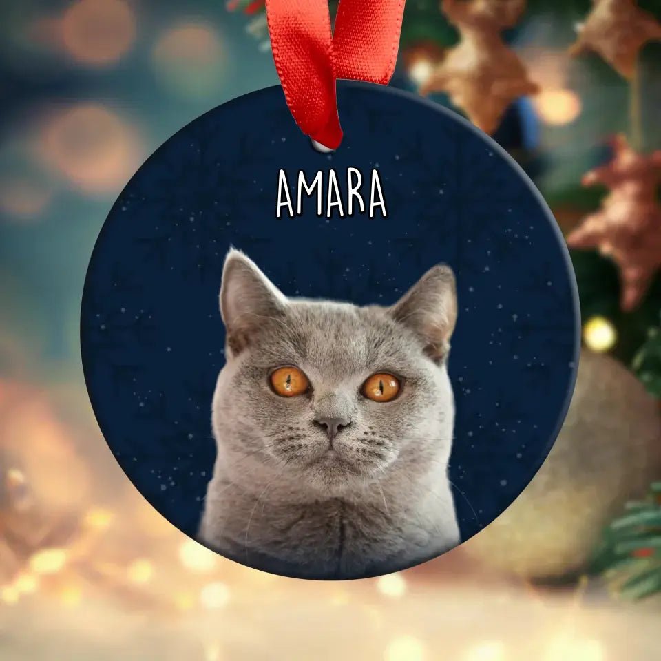 Custom Personalized Cat Photo Christmas Ornament - Holiday Acrylic Ornament with Ribbon - Chic Kitty