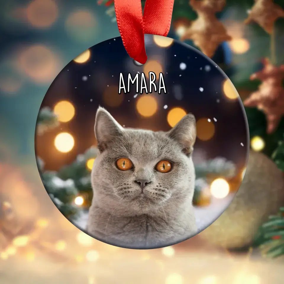 Custom Personalized Cat Photo Christmas Ornament - Holiday Acrylic Ornament with Ribbon - Chic Kitty