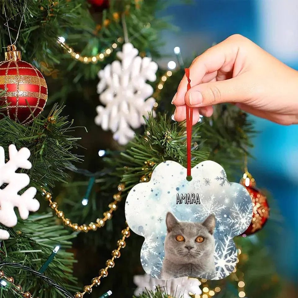 Custom Personalized Cat Photo Christmas Ornament - Paw Shape Holiday - Aluminum Ornaments - Chic Kitty